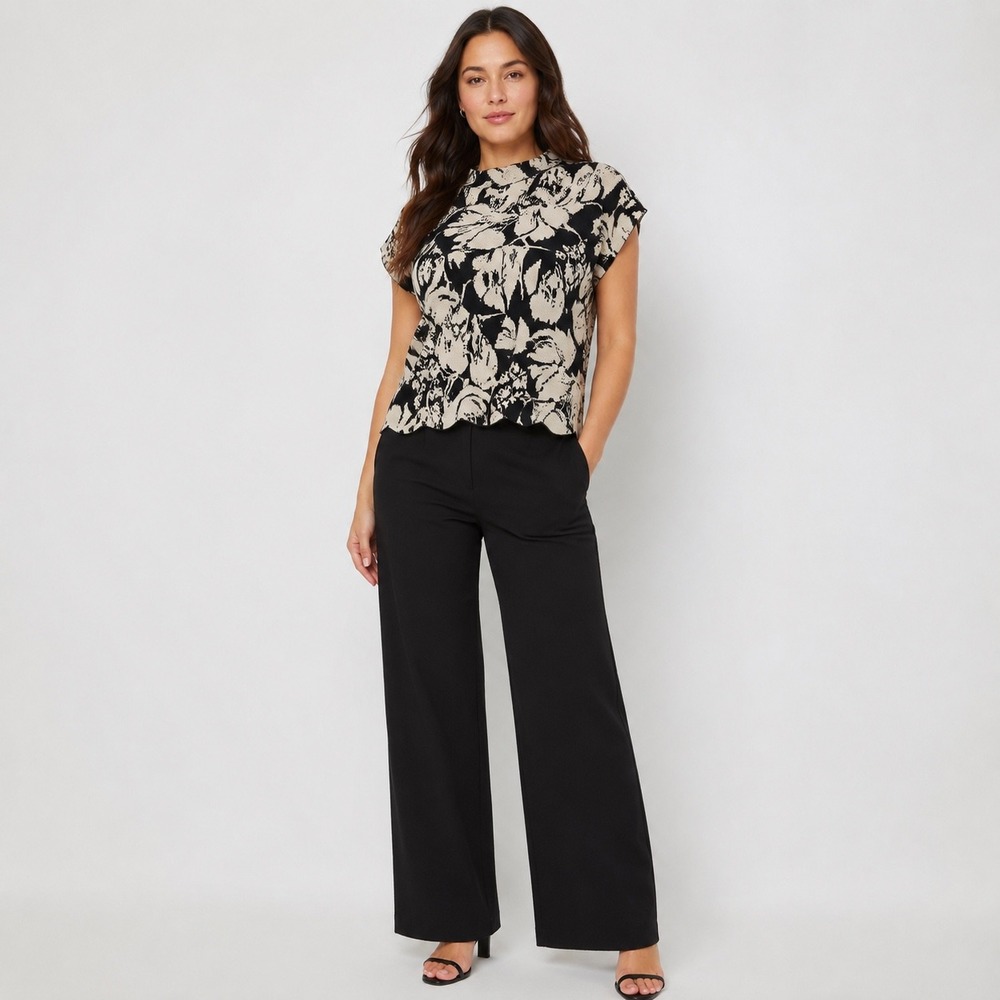 Joie Knit Sweater L Black Cream Floral Jacquard Mock Neck Minimalist Botanical